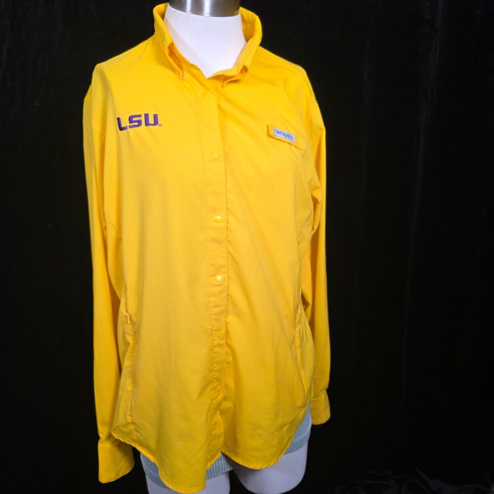 LSU Gold Columbia PFG Long SLeeve Snap-Up Women's Shirt Purple Embroidered "LSU"